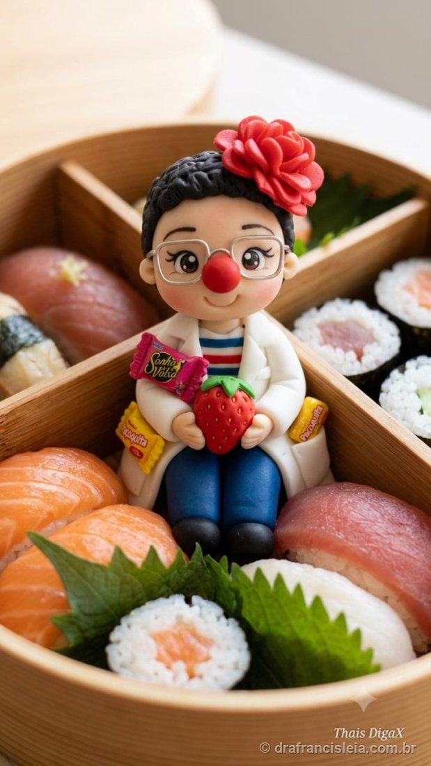 Miniatura em biscuit da Dra. Francisléia, feita à mão, sentada sobre uma caixa de sushi