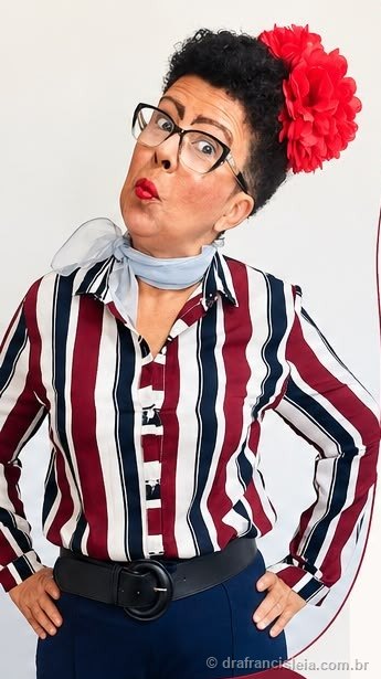 Retrato da Dra. Francisléia sorrindo, caracterizada de palhaça, com blusa listrada em vinho, branco e marinho